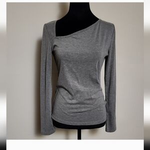 Gray Asymmetrical Neck Long Sleeve Top Tee Shirt, Going Out Top Medium